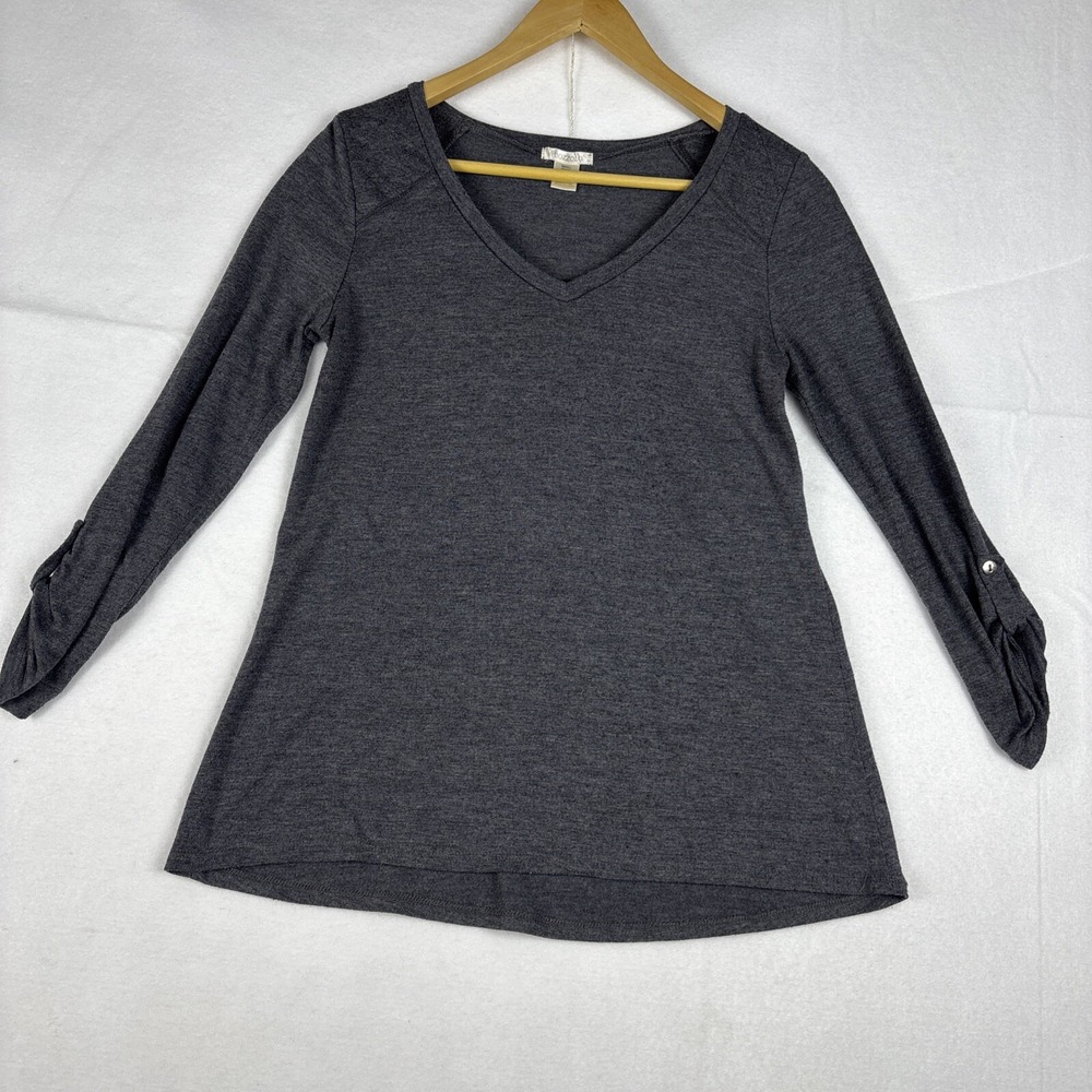 Bozzolo Womens V Neck Long Sleeve T-Shirt Gray Button Roll Tab Pullover Small